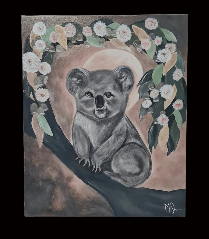A canvas painting of a gray koala sitting on a tree branch, framed by white flowers and green leaves against a muted brown and beige background.