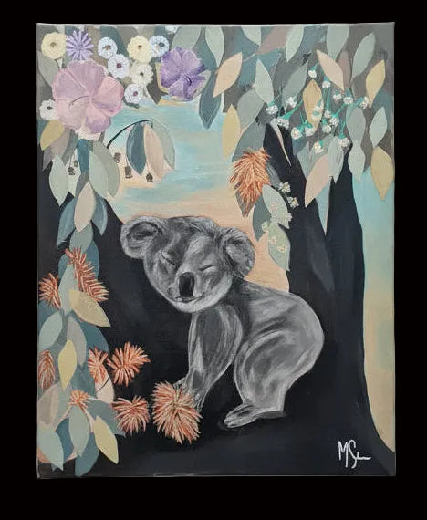 A canvas painting of a sleeping koala nestled among eucalyptus leaves and flowers, set against a dark tree trunk with a soft sky background. The artwork is signed 'MS' in the bottom right corner 